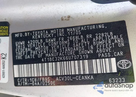 2006 Toyota Camry Le из США, поврежденный, VIN 4T1BE32K66U707319